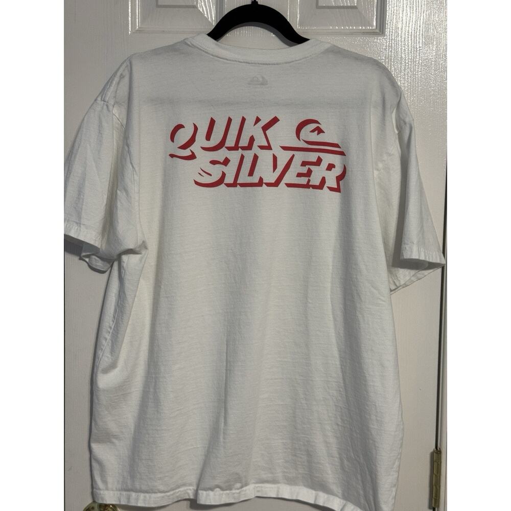 Quiksilver Mens XL White Red Logo Graphic T Shirt Surf Back Print Short Sleeve